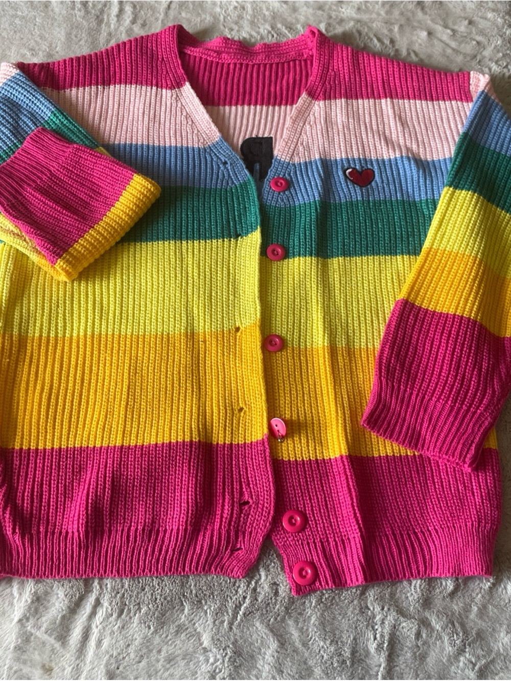 Lazy Oaf Pink, Yellow, Green & Blue Striped Heart Cardigan